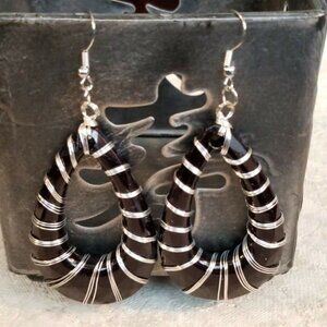 Retro 80s Disco Statement Black Lucite Open Teardrop Wire Wrapped Earrings